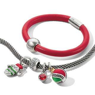Brighton Woodstock Single red leather bracelet with silver magnetic clasp and holiday charm accessories