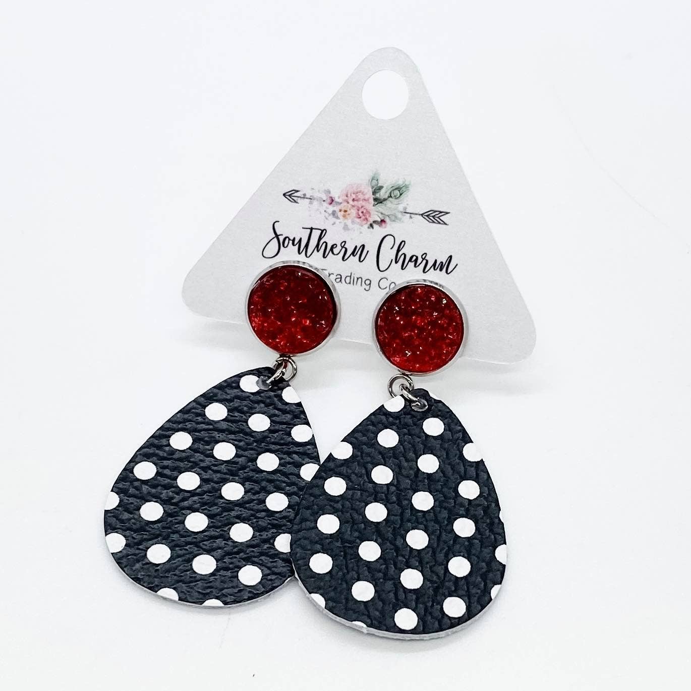 Black & White Polka Dot Earrings W/ Red Sparkles