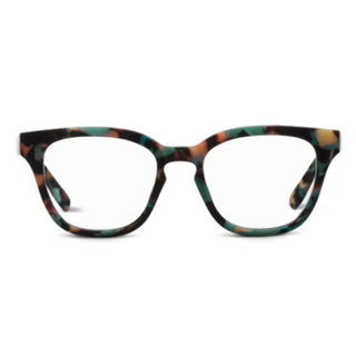 Betsy Peepers cat eye blue light glasses with teal brown orange animal print acetate frame