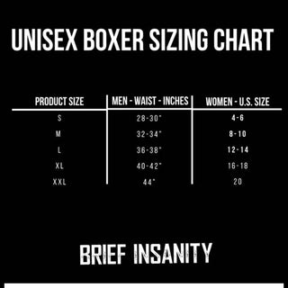 Brief Insanity unisex boxer sizing chart showing men waist inches and women US sizes