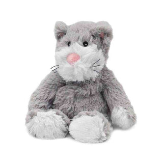 Gray and white plush cat Warmies microwavable lavender toy with fluffy texture