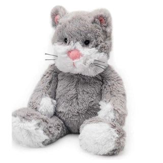 Gray and white plush cat warmie with fluffy texture, pink nose and inner ears, black button eyes for soothing sensory comfort
