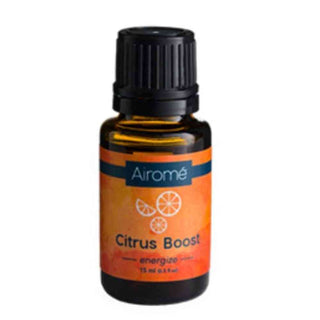 Airomé Citrus Boost Blend 15ml amber glass bottle with black ribbed cap and orange citrus slice label design