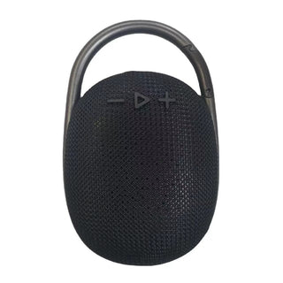 Black oval clip-on wireless speaker with textured mesh grille, matte metal carabiner clip, and tactile volume control buttons