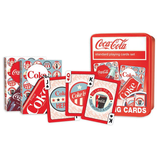 Coca-Cola retro playing cards set with vintage glass bottle graphics and red white blue tin packaging