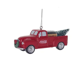 Red Coca-Cola vintage truck ornament with green wreath and Christmas tree, glossy finish side view
