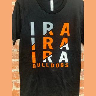 Black IRARA Bulldogs diagonal spirit tee with silver orange and white lettering on canvas fabric