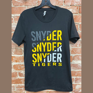 Black unisex diagonal spirit tee with gray yellow and white SNYDER TIGERS text on cotton blend
