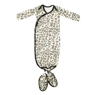 Cream leopard print knotted baby gown with black ribbed trim