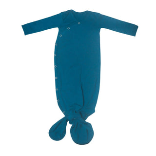 Solid teal long-sleeve knotted baby gown with side snaps