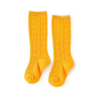 Mustard yellow cable knit knee high socks for kids with diamond motifs and ribbed cuff