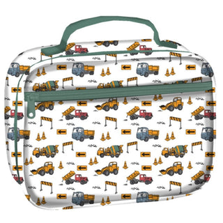 White construction truck pattern lunchbox with teal handle and zipper