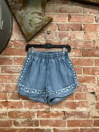 Denim Stars Ruffle Shorts with Waist Tie