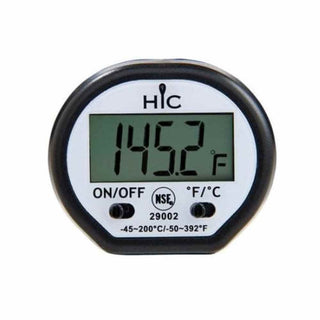 HIC black digital meat thermometer with green LCD display showing 145.2°F and NSF certification