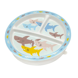 Smiley Shark divided suction plate with three sections and colorful shark graphics for baby food separation