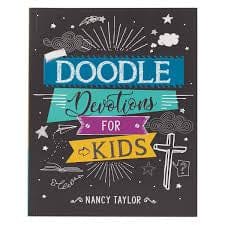 Book cover of 'Doodle Devotions for Kids' by Nancy Taylor with colorful text and illustrations