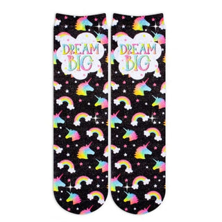 Black glitter crew socks with rainbow unicorn and Dream Big text for kids