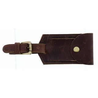 Brown dusty leather luggage tag with brass snap button and adjustable strap