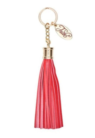 Red tassel keychain with gold faith accent 