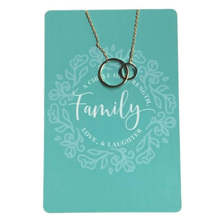 Viv&Lou gold family necklace with interlocking circles on teal card reading 'Circle of Strength Love & Laughter'