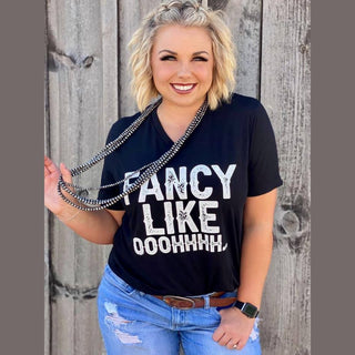 Black distressed 'Fancy Like OOOHHHH' V-neck tee with relaxed fit and soft cotton texture