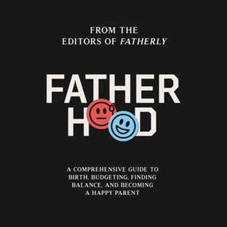 Fatherhood book cover with red and blue emoji faces on black background by Fatherly editors