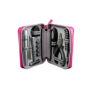 Hot pink vegan leather tool kit with gray lining containing 22-piece set secured by striped elastic bands