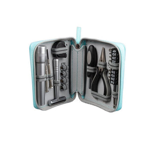 Light blue vegan leather open tool kit with gray lining holding 22-piece set and striped elastic bands