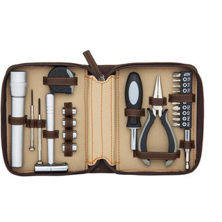 Brown vegan leather repair kit with tan interior displaying white-handled tools and orange stitching accents
