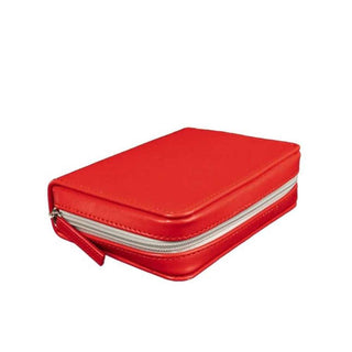 Closed red vegan leather tool case with silver zipper highlighting compact portable design for home or car