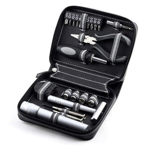 Open black vegan leather tool kit with white stitching showing 22-piece set and silver LED flashlight
