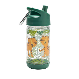 Clear Tritan sippy cup with orange tiger and green leaf pattern, dark green flip-top lid with carabiner clip