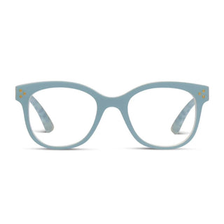 Flower Child Peepers blue light glasses with matte light blue front, gold pin accents, and marbled temple tips