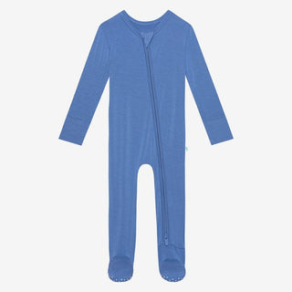 Aviator Blue reversible baby footie with 2-way zipper, bamboo viscose texture, and non-slip grip soles