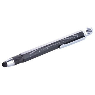 Black hexagonal multi-tool pen with white inch ruler markings and silver bottle opener