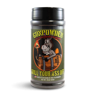 GYAO Gunpowder Steak & Brisket Seasoning 15oz shaker bottle with olive green label supporting veterans and first responders
