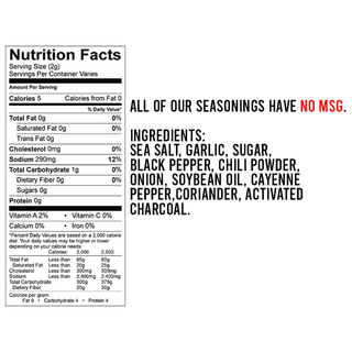 GYAO Gunpowder Steak & Brisket Seasoning nutrition facts label showing no MSG, sea salt, garlic, and chili powder ingredients