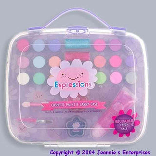 Pastel girl's cosmetic palette carry case with purple handle, flower logo, and reusable sticker