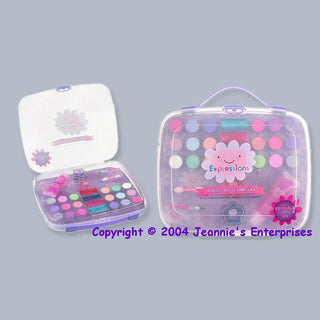 Open view of pastel girls makeup kit with mirror, brush, lip gloss, and eyeshadow pans