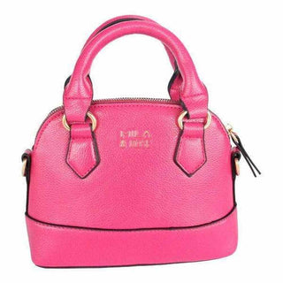Bright fuchsia pebbled faux leather kids purse with gold logo and zippered closure