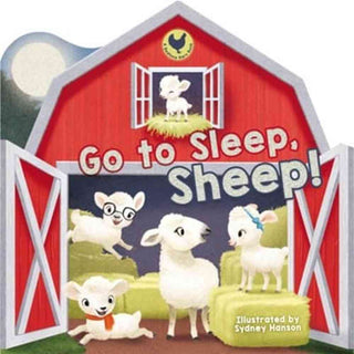 Go to Sleep Sheep children's board book cover with red barn, white sheep in pajamas, and nighttime moon scene