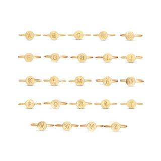 Set of 26 matte gold initial rings A to Z engraved flat disc on thin band for women