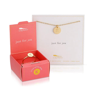 Gold adjustable initial ring letter K in coral pink Lucky Feather gift box with nickel-free zinc necklace