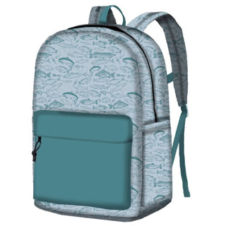 Light gray canvas backpack with teal fish and fishing hook pattern, solid matte teal front pocket