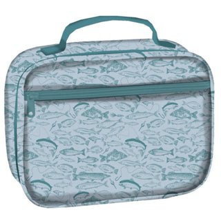Gone Fishin Lunch Box light gray canvas with teal fish and hook pattern, front zippered pocket
