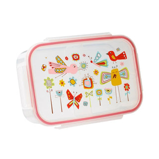 Pink rim Birds & Butterflies bento box with three compartments and locking lid