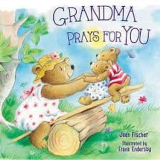 Grandma Prays For You children's book cover with watercolor illustration of bear grandmother and cubs on seesaw