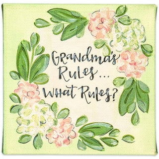 Grandma's Rules canvas sign with peach floral wreath on lime green textured background