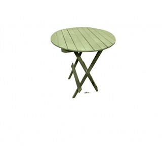 Green folding circular wooden table with X-frame legs and slatted top