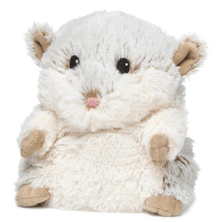 White and cream plush hamster Warmies microwavable weighted sensory toy with fluffy texture